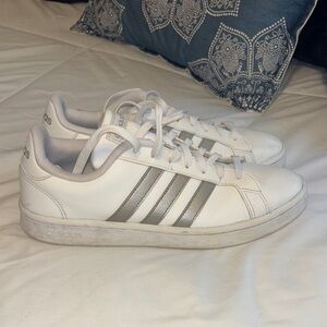 Adidas White Sneakers with Silver Stripes